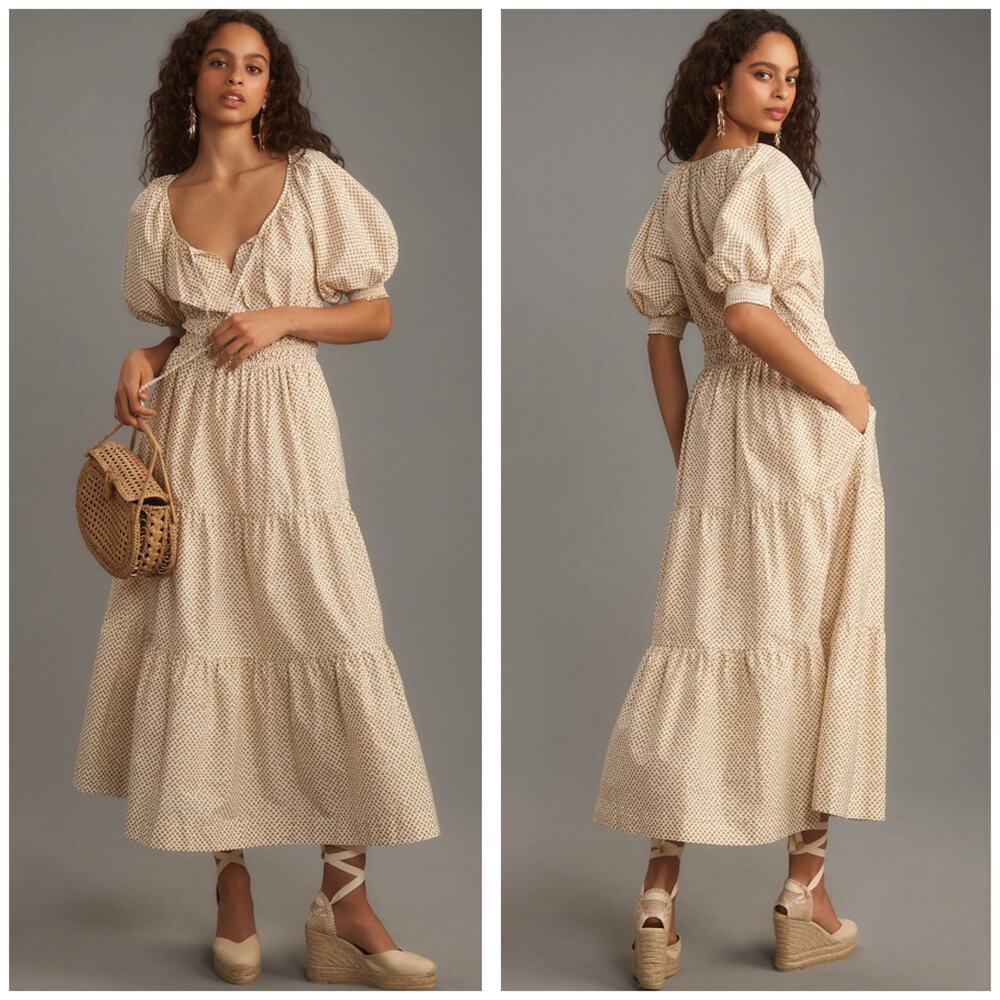 Anthropologie The Somerset Puff-Sleeve Maxi Dress Size XXS Dot Neutral Boho Farm